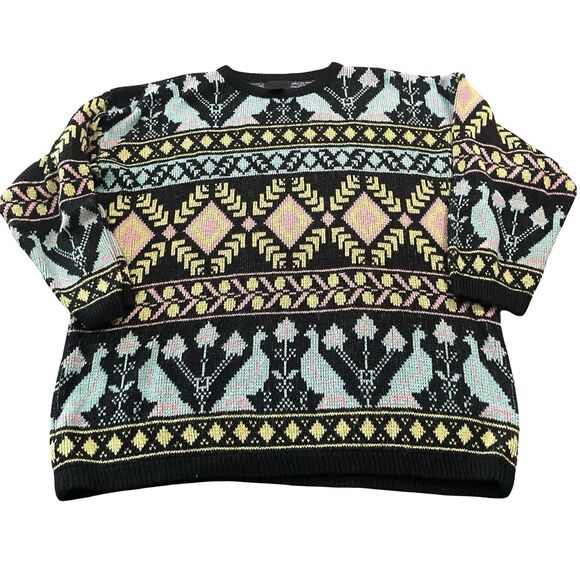 80s 90s Sweater Size L/XL New Wave Fair Isle Blue Bird Fuzzy Crewneck Pastel - Picture 1 of 9